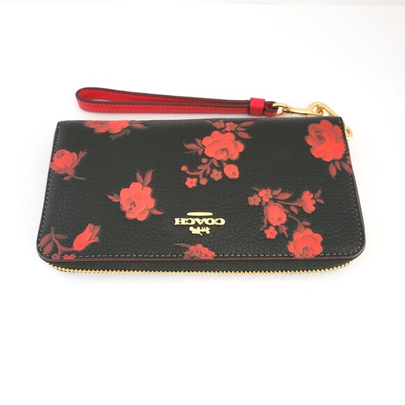Coach CCL36 Long Zip Around Wallet Floral Print Pebbled Leather Black Red - Picture 6 of 7
